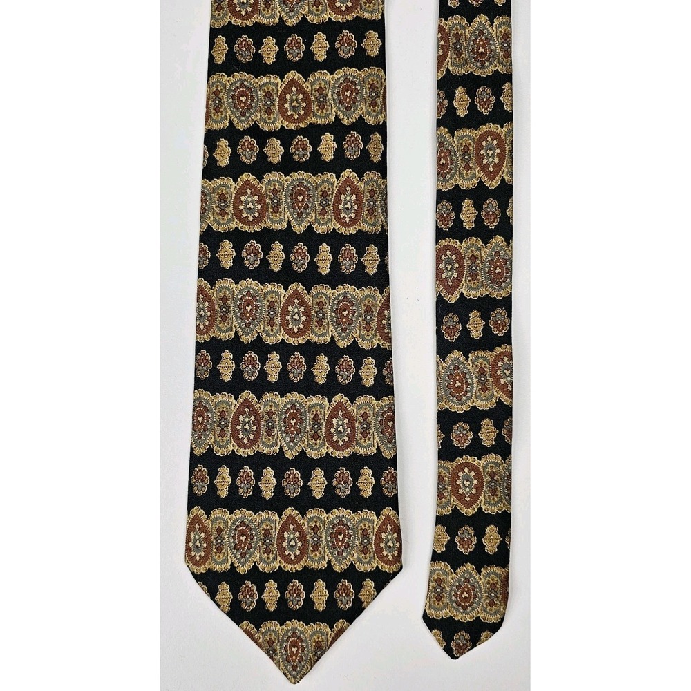 Brooks Brothers Makers Tie All‎ Silk Black Gold Tan Geometric Pattern USA